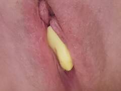 Insertion plus clit distress with the intense glow plus heat of fresh ginger root pervert on freshly shaved pussy